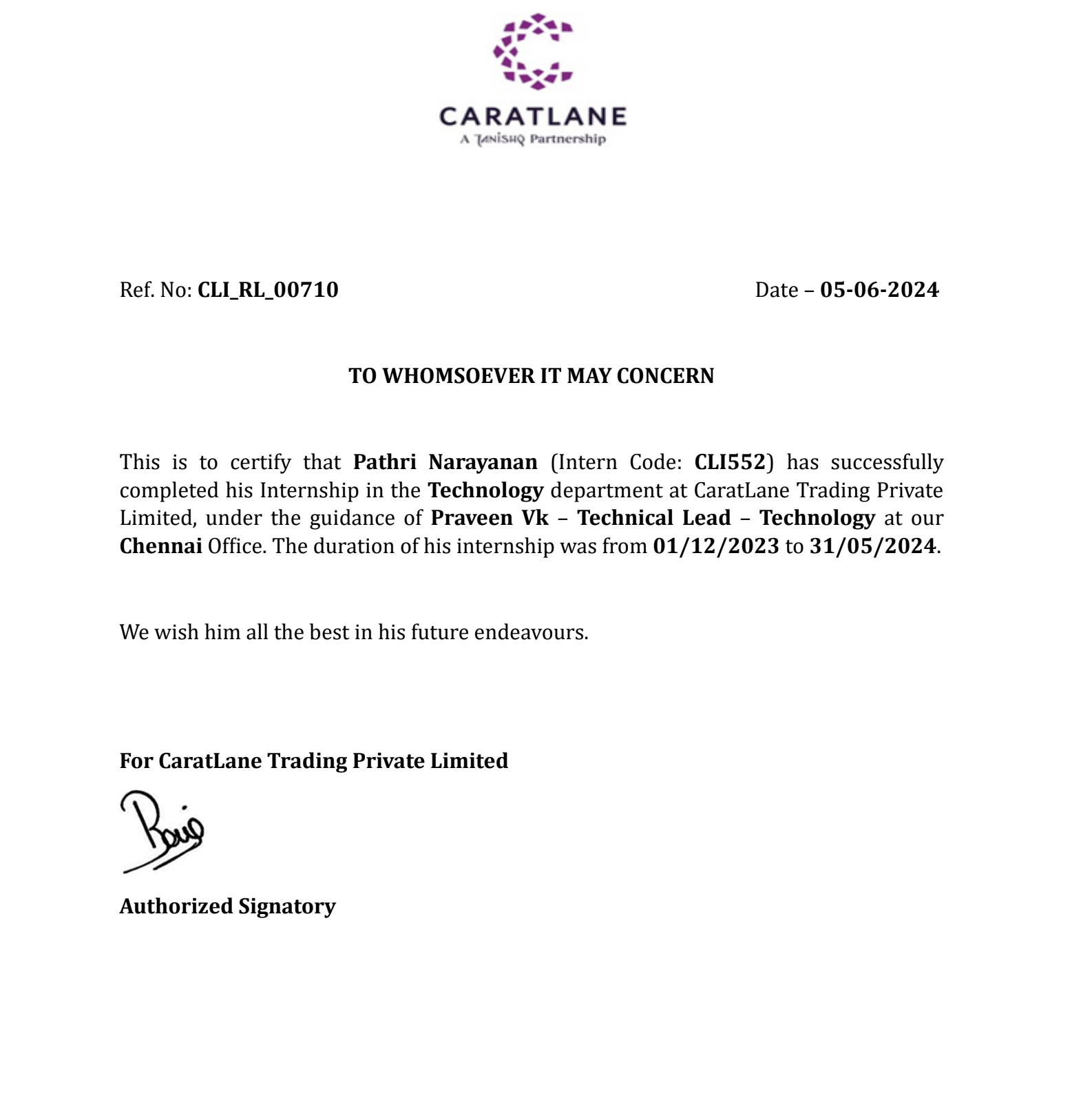CaratLane Internship Certificate
