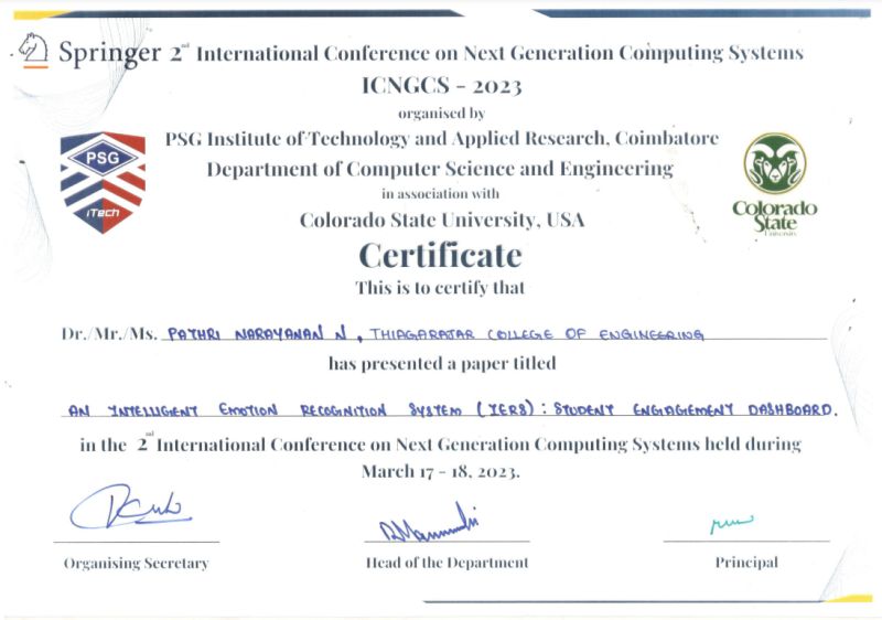 ICNGCS-PSG Conference Certificate