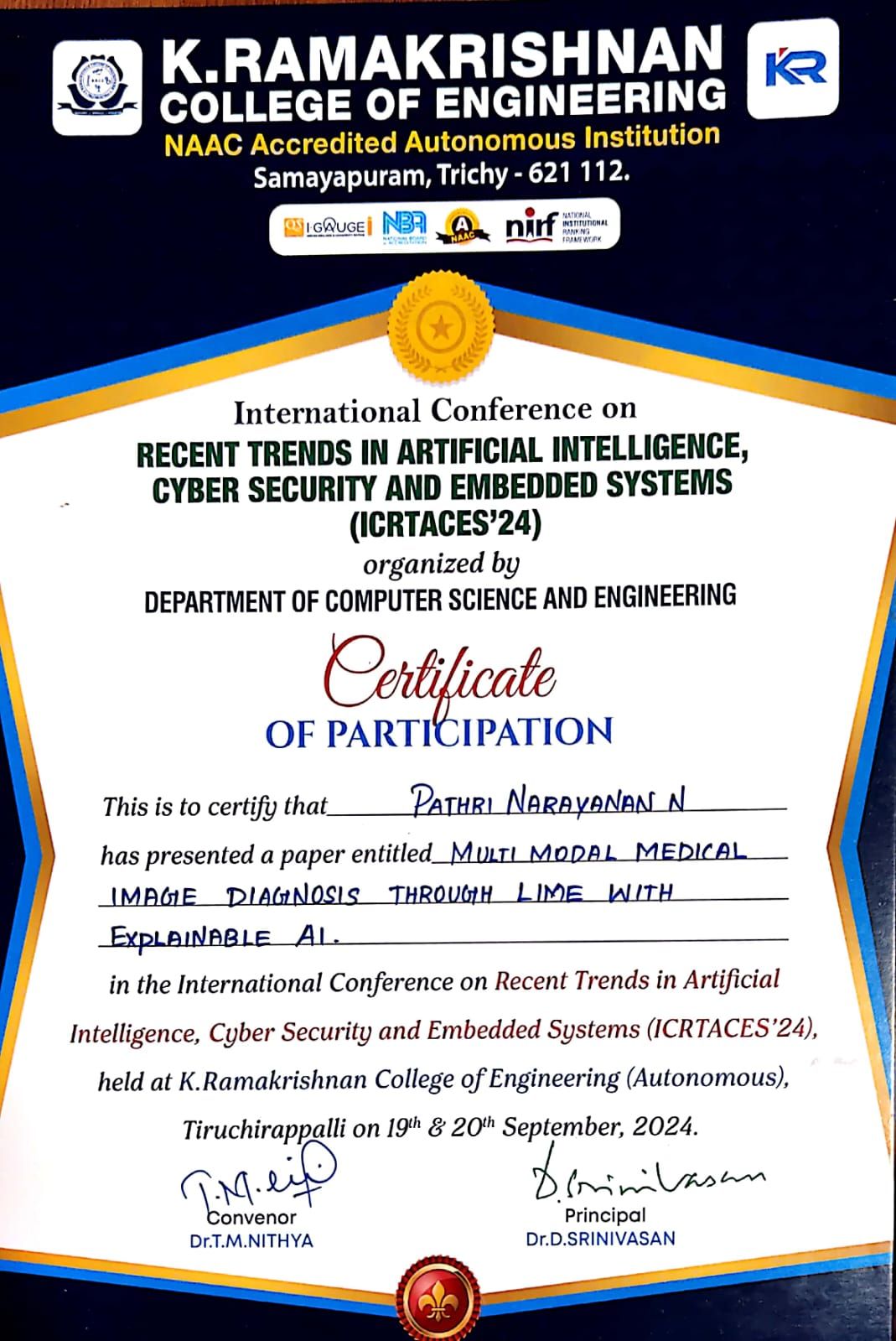 ICRTACES'24 Conference Certificate